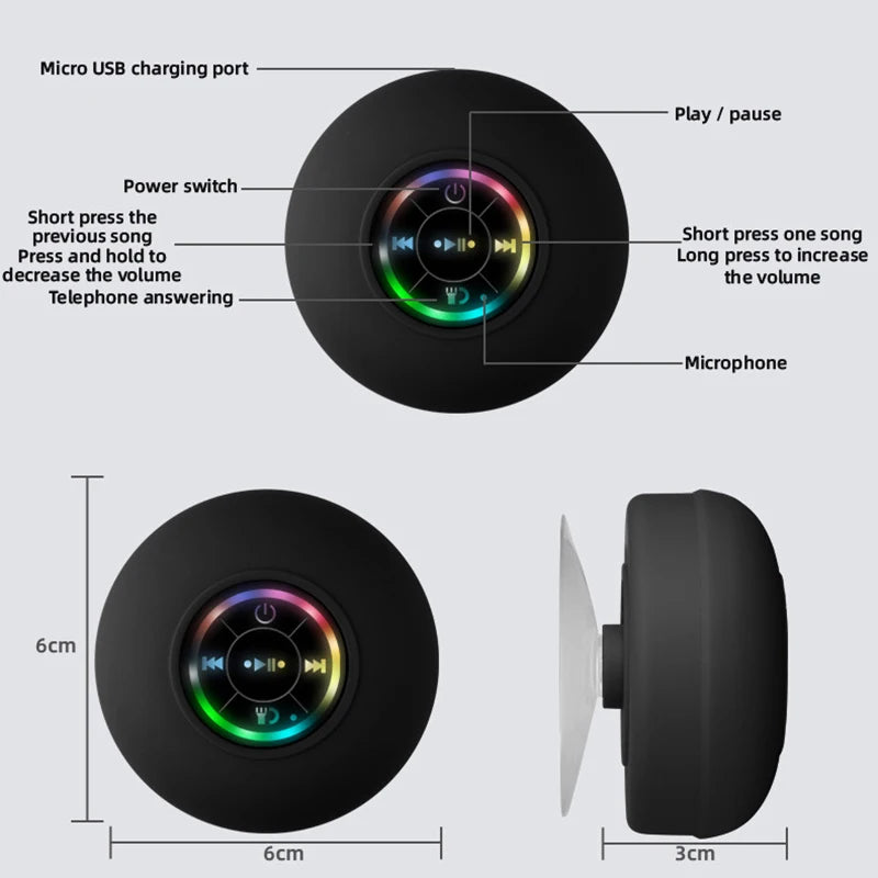 Waterproof Mini Bluetooth Speaker with RGB Lights, Wireless Shower Speaker, Hand-free, for Phone & Car